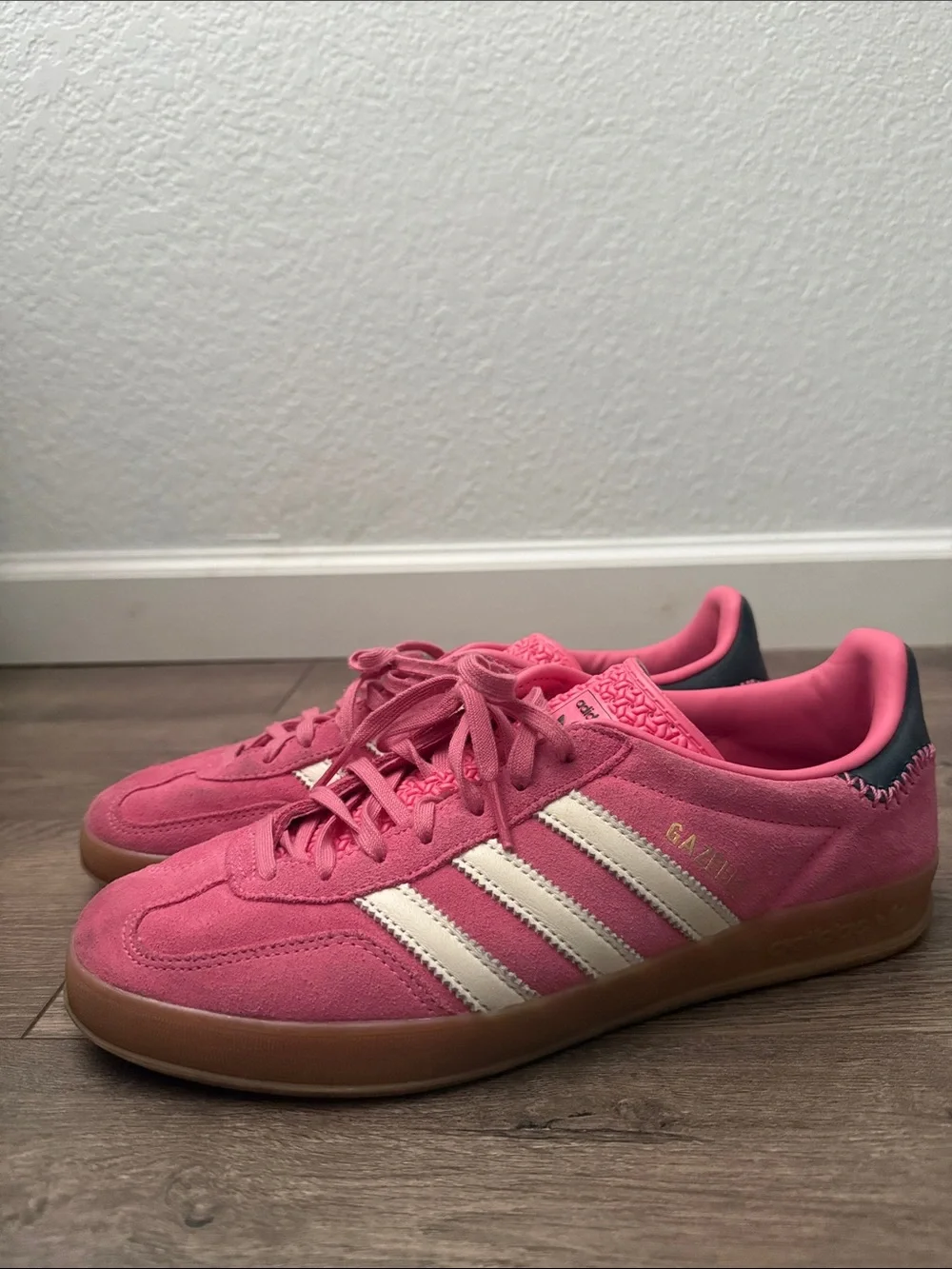 adidas Pink Suede Low-Top Sneakers with Cream Stripes
